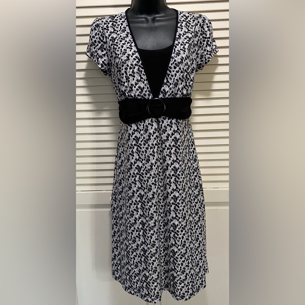 Perseption Petite‎ Black/Gray Abstract Dots Short Cap Sleeve Dress Size S/M